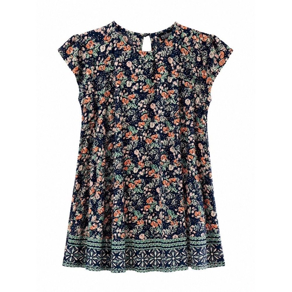 Angie Womens Floral Navy Blue Cap Sleeve Mini Dress Boho Rayon Size L